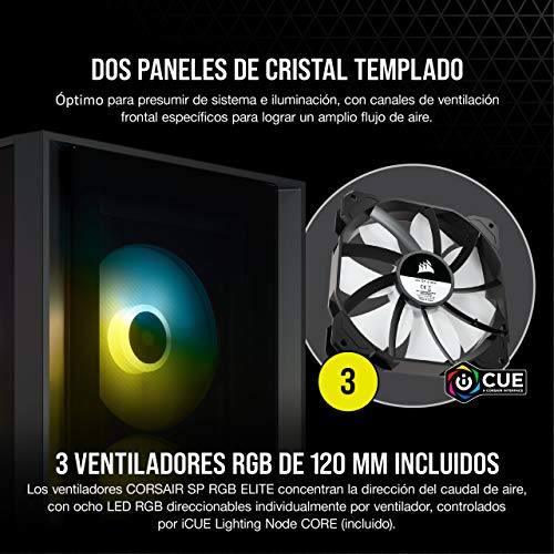 Corsair iCUE 4000X RGB Chasis ATX Semitorre con Cristal Templado, Paneles Frontal y Lateral de Cristal Templado, Espacioso Interior, Tres Ventiladores RGB de 120 mm Incluidos, Color Negro