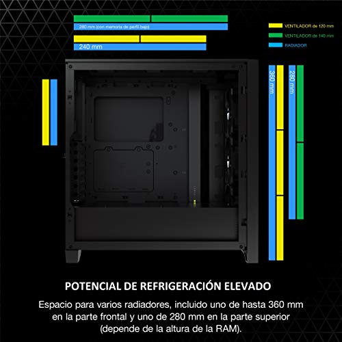 Corsair iCUE 4000X RGB Chasis ATX Semitorre con Cristal Templado, Paneles Frontal y Lateral de Cristal Templado, Espacioso Interior, Tres Ventiladores RGB de 120 mm Incluidos, Color Negro