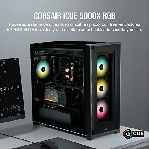 Corsair iCUE 5000X RGB Chasis Inteligente para PC ATX Semitorre con Cristal Templado (Cuatro Paneles Cristal Templado, Sistema de Gestión del Cableado RapidRoute, Tres Ventiladores RGB 120 mm) Negro