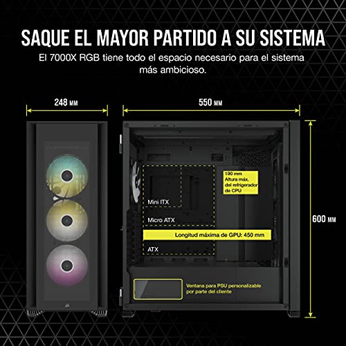 Corsair iCUE 7000X RGB Chasis para PC Inteligente ATX Full-Tower, Tres Paneles de Cristal Templado, Cuatro Ventiladores RGB de 140 mm Incluidos, Espacioso Interior, Negro