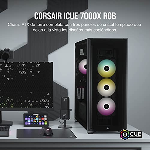 Corsair iCUE 7000X RGB Chasis para PC Inteligente ATX Full-Tower, Tres Paneles de Cristal Templado, Cuatro Ventiladores RGB de 140 mm Incluidos, Espacioso Interior, Negro