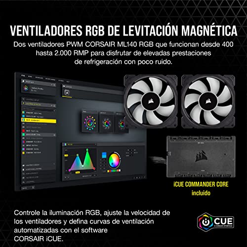 Corsair iCUE H115i ELITE CAPELLIX Refrigerador Líquido de CPU, 33 LED RGB CAPELLIX, Dos Ventiladores PWM de 140 mm ML RGB, 400 y 2.000 RPM, iCUE Commander CORE Incluido, Negro