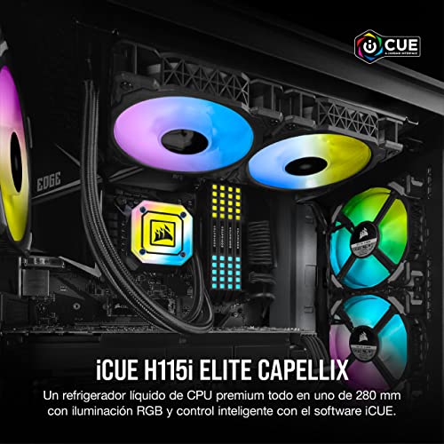 Corsair iCUE H115i ELITE CAPELLIX Refrigerador Líquido de CPU, 33 LED RGB CAPELLIX, Dos Ventiladores PWM de 140 mm ML RGB, 400 y 2.000 RPM, iCUE Commander CORE Incluido, Negro