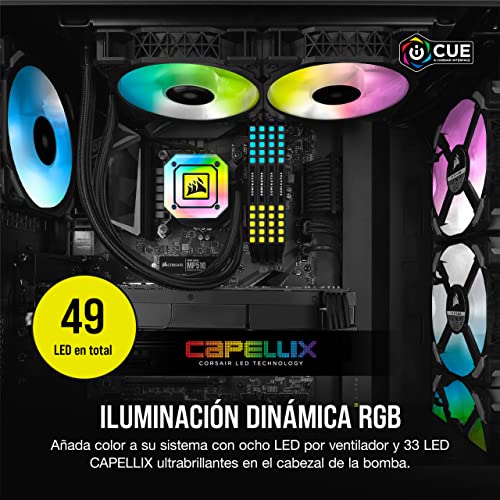 Corsair iCUE H115i ELITE CAPELLIX Refrigerador Líquido de CPU, 33 LED RGB CAPELLIX, Dos Ventiladores PWM de 140 mm ML RGB, 400 y 2.000 RPM, iCUE Commander CORE Incluido, Negro