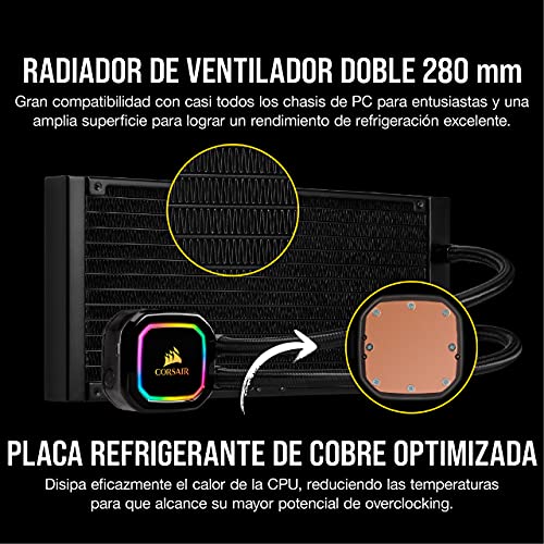 Corsair iCUE H115i RGB PRO XT Refrigerador Líquido para CPU, Radiador de 280 mm, Dos Ventiladores Corsair ML PWM de 140 mm, 400 - 2000 RPM, Cabezal de Bombeo RGB Dinámico y Multizona, Negro