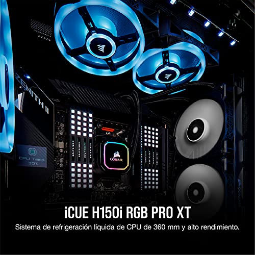 Corsair iCUE H150i RGB PRO XT Refrigerador Líquido para CPU, Radiador de 360 mm, Tres Ventiladores Corsair ML PWM de 120 mm, 400 - 2400 RPM, Cabezal de Bombeo RGB Dinámico y Multizona, Negro