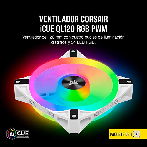 Corsair iCUE QL120 RGB, Ventilador LED RGB de 120 mm , 34 LED RGB Direccionables Individualmente, De Hasta 1500 RPM, Silencioso, Amortiguadores Antivibraciones, Paquete Individual , Blanco