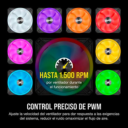 Corsair iCUE QL120 RGB, Ventilador LED RGB de 120 mm, Direccionables Individualmente, De Hasta 1500 RPM, Silencioso, Amortiguadores Antivibraciones, Paquete Triple con Lighting Node CORE, Negro