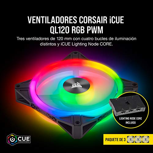 Corsair iCUE QL120 RGB, Ventilador LED RGB de 120 mm, Direccionables Individualmente, De Hasta 1500 RPM, Silencioso, Amortiguadores Antivibraciones, Paquete Triple con Lighting Node CORE, Negro
