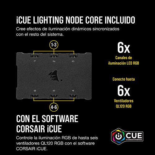 Corsair iCUE QL120 RGB, Ventilador LED RGB de 120 mm, Direccionables Individualmente, De Hasta 1500 RPM, Silencioso, Amortiguadores Antivibraciones, Paquete Triple con Lighting Node CORE, Negro