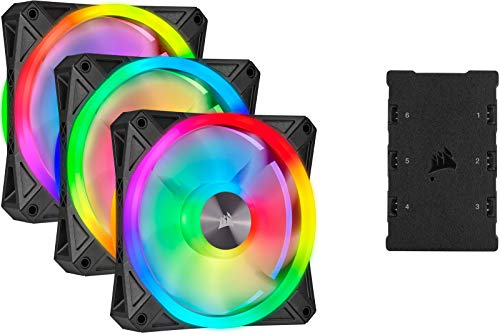 Corsair iCUE QL120 RGB, Ventilador LED RGB de 120 mm, Direccionables Individualmente, De Hasta 1500 RPM, Silencioso, Amortiguadores Antivibraciones, Paquete Triple con Lighting Node CORE, Negro