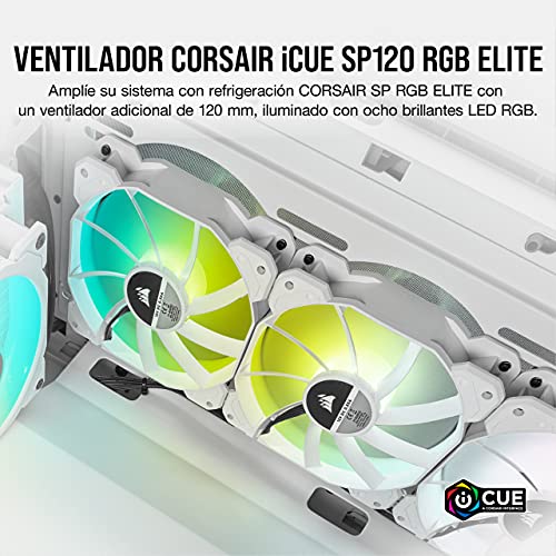 Corsair iCUE SP120 RGB ELITE 120mm PWM Ventilador, Tecnología CORSAIR AirGuide, Ocho LED RGB direccionables, baja sonoridad de 18 dBA, control PWM, hasta 1.500 RPM, Blanco