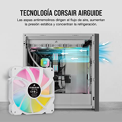 Corsair iCUE SP120 RGB ELITE 120mm PWM Ventilador, Tecnología CORSAIR AirGuide, Ocho LED RGB direccionables, baja sonoridad de 18 dBA, control PWM, hasta 1.500 RPM, Blanco