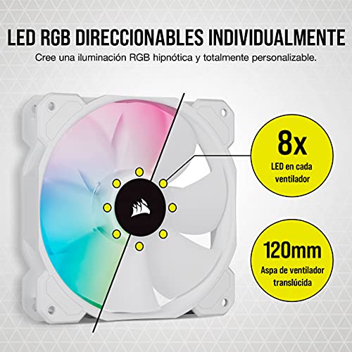 Corsair iCUE SP120 RGB ELITE 120mm PWM Ventilador, Tecnología CORSAIR AirGuide, Ocho LED RGB direccionables, baja sonoridad de 18 dBA, control PWM, hasta 1.500 RPM, Blanco