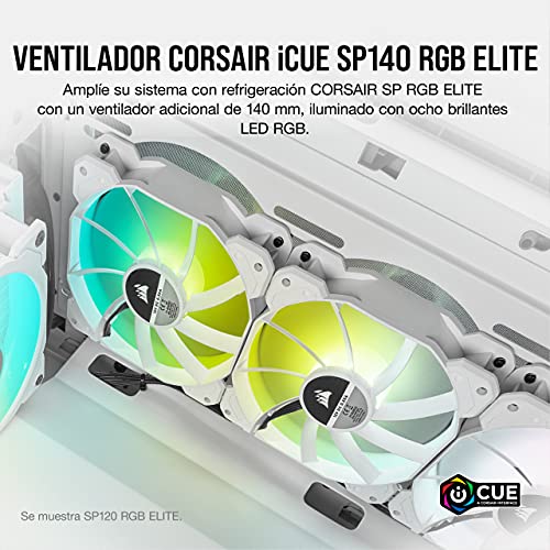 Corsair iCUE SP140 RGB ELITE 140mm PWM Ventilador, Tecnología CORSAIR AirGuide, Ocho LED RGB direccionables, baja sonoridad de 18 dBA, control PWM, hasta 1.200 RPM, Blanco