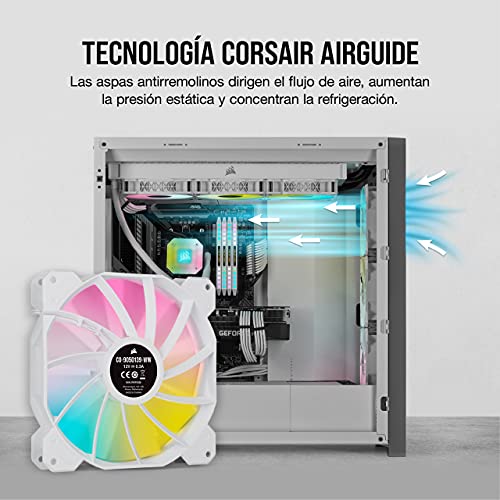 Corsair iCUE SP140 RGB ELITE 140mm PWM Ventilador, Tecnología CORSAIR AirGuide, Ocho LED RGB direccionables, baja sonoridad de 18 dBA, control PWM, hasta 1.200 RPM, Blanco