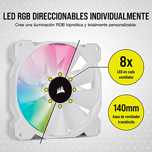 Corsair iCUE SP140 RGB ELITE 140mm PWM Ventilador, Tecnología CORSAIR AirGuide, Ocho LED RGB direccionables, baja sonoridad de 18 dBA, control PWM, hasta 1.200 RPM, Blanco