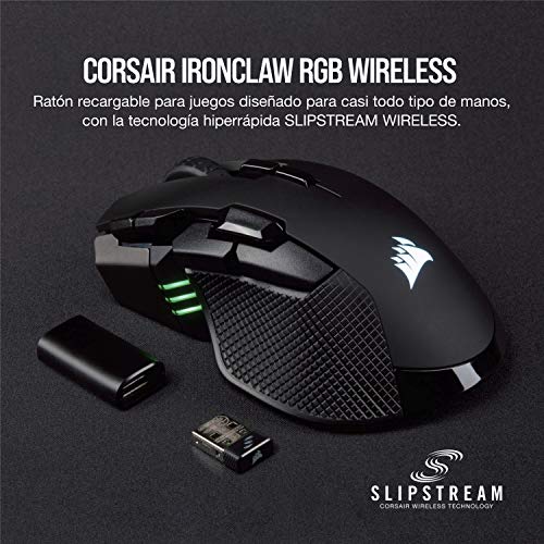 Corsair Ironclaw Wireless RGB - Ratón Recargable Óptico para Juegos con Tecnología Slipstream (18000 dpi Óptico Sensor, Retroiluminación LED RGB), Color Negro