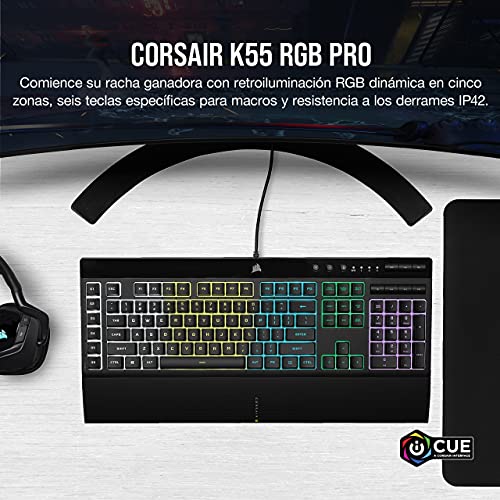 Corsair K55 RGB PRO Teclado para Juegos con Teclas de Membrana, Retroiluminación RGB Dinámica, 6 Teclas Macro con Integración el Software Elgato, Resistencia al Polvo y los Derrames, QWERTY, Negro