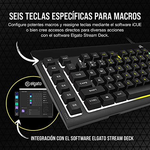 Corsair K55 RGB PRO Teclado para Juegos con Teclas de Membrana, Retroiluminación RGB Dinámica, 6 Teclas Macro con Integración el Software Elgato, Resistencia al Polvo y los Derrames, QWERTY, Negro