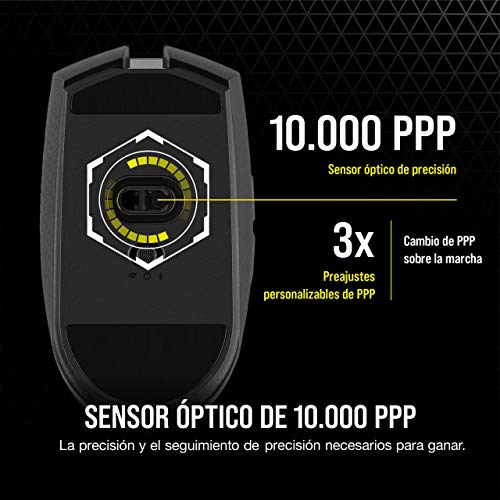 Corsair KATAR PRO WIRELESS Ratón para Juegos, Sensor Óptico 10.000 PPP, Forma Simétrica, Inferior a 1 ms Tecnología Wireless, Hasta 135 Horas de Duración de Batería, Seis Botones Programables, Negro