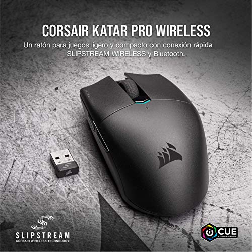 Corsair KATAR PRO WIRELESS Ratón para Juegos, Sensor Óptico 10.000 PPP, Forma Simétrica, Inferior a 1 ms Tecnología Wireless, Hasta 135 Horas de Duración de Batería, Seis Botones Programables, Negro