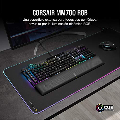 Corsair MM700 RGB Alfombrilla de Tela para Juegos Extensa, Iluminación RGB Dinámica en Tres Zonas y 360°, Superficie de 930 x 400 mm, Concentrador USB de Dos Puertos, Goma de 4 mm de Grosor, Negro