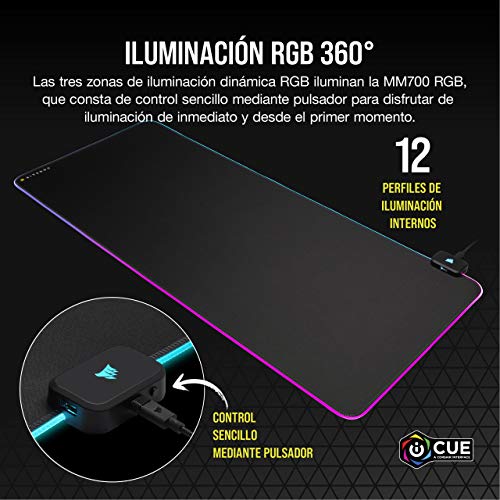 Corsair MM700 RGB Alfombrilla de Tela para Juegos Extensa, Iluminación RGB Dinámica en Tres Zonas y 360°, Superficie de 930 x 400 mm, Concentrador USB de Dos Puertos, Goma de 4 mm de Grosor, Negro