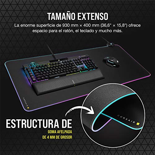 Corsair MM700 RGB Alfombrilla de Tela para Juegos Extensa, Iluminación RGB Dinámica en Tres Zonas y 360°, Superficie de 930 x 400 mm, Concentrador USB de Dos Puertos, Goma de 4 mm de Grosor, Negro