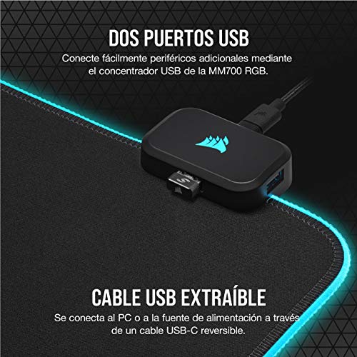 Corsair MM700 RGB Alfombrilla de Tela para Juegos Extensa, Iluminación RGB Dinámica en Tres Zonas y 360°, Superficie de 930 x 400 mm, Concentrador USB de Dos Puertos, Goma de 4 mm de Grosor, Negro