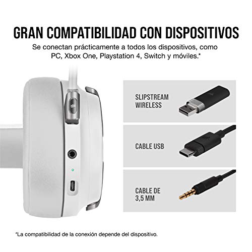 Corsair VIRTUOSO RGB WIRELESS, Auriculares para Juegos de Alta Fidelidad, Envolvente e Inmersivo 7.1, Micrófono Extraíble y Omnidireccional, para PC, PS4, Switch y Móviles, Blanco