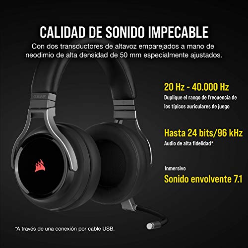 Corsair VIRTUOSO RGB WIRELESS, Auriculares para Juegos de Alta Fidelidad, Envolvente e Inmersivo 7.1, Micrófono Extraíble y Omnidireccional, para PC, PS4, Switch y Móviles, Negro