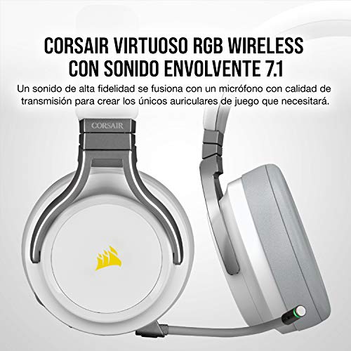 Corsair VIRTUOSO RGB WIRELESS, Auriculares para Juegos de Alta Fidelidad, Envolvente e Inmersivo 7.1, Micrófono Extraíble y Omnidireccional, para PC, PS4, Switch y Móviles, Blanco
