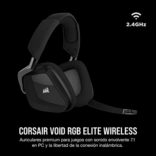 Corsair VOID ELITE RGB Wireless Auriculares para Juegos (7.1 Sonido envolvente, Inalámbrico de 2.4 GHz de baja latencia, 12 m de alcance, Personalizable Iluminación, Compatible con PC, PS4) Negro
