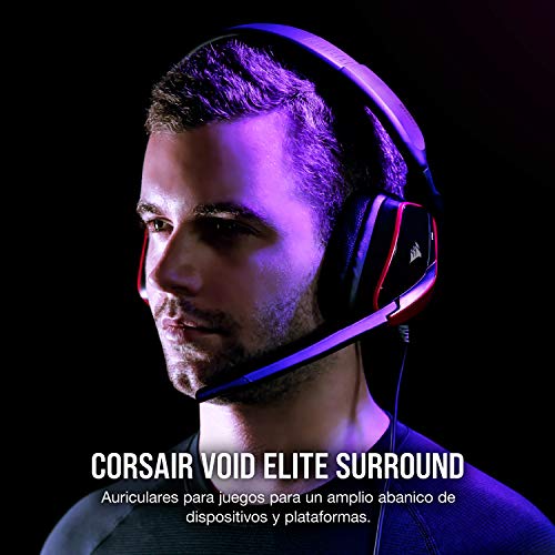 Corsair Void Elite Surround Auriculares para Juegos, 7.1 Sonido Envolvente, Micrófono omnidireccional, Compatible con PC, PS4, Xbox One, Switch y Móviles, Color Rojo
