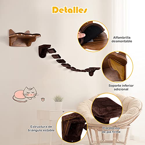 COSTWAY Escalera para Gatos Montada a la Pared, Cama de Madera para Gatos con Escalera, Duradera y Estable, Centro Actividad de Interior para Gatos,Fácil de Montar