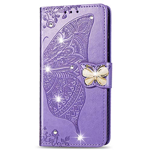 COTDINFOR Compatible with Huawei Y5 2019 Funda Case Diamante Mariposa Magnético Billetera Suave PU Cuero Anti-arañazo Caso para Huawei Honor 8S / Y5 2019 Cover Diamond Butterfly Violet SD