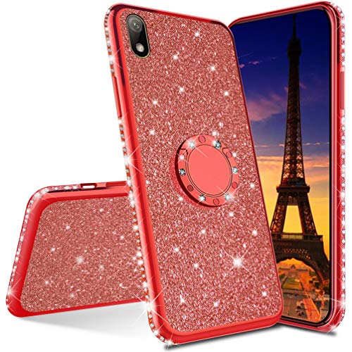 COTDINFOR Huawei Y5 2019 Funda Glitter Diamond Bling Protective Phone Case Luxury with Kickstand Plating TPU Anti-Arañazos Suave Silicona Carcasa for Huawei Honor 8S / Y5 2019 - Red Glitter