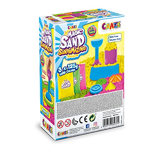 CRAZE 32374 - Moldes de arena mágica para interior (152 g, 3 x 25 g, con 7 herramientas de arena y formas) color rosa, amarillo y verde