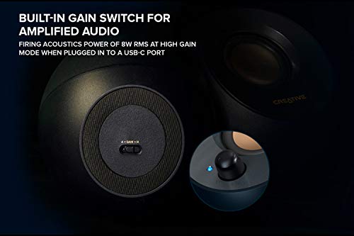 Creative Pebble V2 – Altavoces escritorio con alimentación USB-C 2.0, entrada auxiliar de 3.5 mm, hasta 8 W de potencia RMS para ordenadores, Adaptador tipo A incluido y cable ampliado (negro)