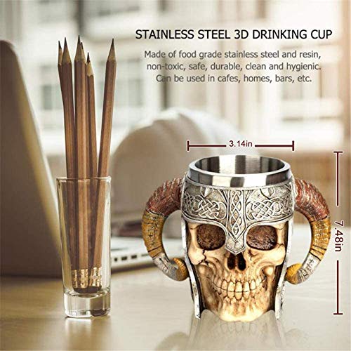 Creativo Jarra de Cerveza，Taza de cerveza de calavera con doble asa de acero inoxidable, jarra de la taza del cráneo del guerrero vikingo, taza de bebida medieval del cráneo para café/bebida/jugo