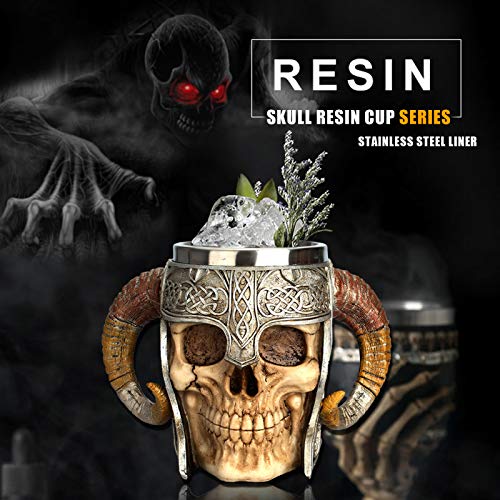 Creativo Jarra de Cerveza，Taza de cerveza de calavera con doble asa de acero inoxidable, jarra de la taza del cráneo del guerrero vikingo, taza de bebida medieval del cráneo para café/bebida/jugo