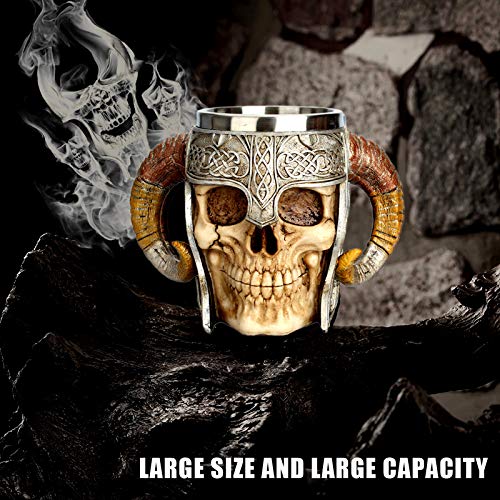 Creativo Jarra de Cerveza，Taza de cerveza de calavera con doble asa de acero inoxidable, jarra de la taza del cráneo del guerrero vikingo, taza de bebida medieval del cráneo para café/bebida/jugo