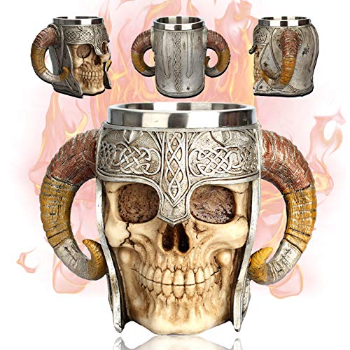 Creativo Jarra de Cerveza，Taza de cerveza de calavera con doble asa de acero inoxidable, jarra de la taza del cráneo del guerrero vikingo, taza de bebida medieval del cráneo para café/bebida/jugo
