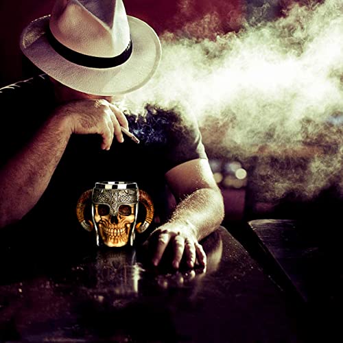 Creativo Jarra de Cerveza，Taza de cerveza de calavera con doble asa de acero inoxidable, jarra de la taza del cráneo del guerrero vikingo, taza de bebida medieval del cráneo para café/bebida/jugo