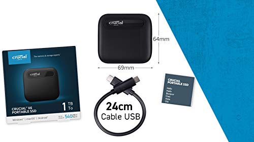Crucial CT1000X6SSD9 X6 1 TB SSD portátil, de hasta 540 MB/s, USB 3.2, Unidad de estado sólido externa, USB-C