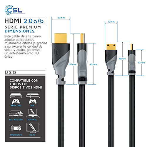 CSL - 10m metros cable Mini HDMI 1.4a 2.0 alta velocidad con AUTÉNTICA compatibilidad 3D y Ethernet - apto para Full HD Ultra HD HD Ready 3D - 1080p 2160p 4k