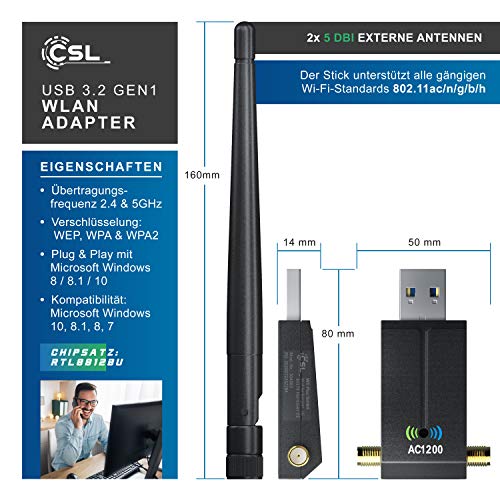 CSL – WiFi USB 3.2 Gen1 Stick 1300 Mbps Dual Band – WiFi 2,4 + 5 GHz Antenas externas 2 x 5 dBi – Mini Adaptador Stick Wireless LAN dongle WiFi Dongle Alta Velocidad para PC con Windows 10, 8.1, 8, 7