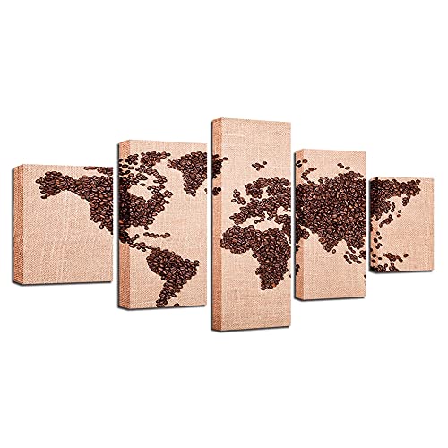Cuadro artístico en lienzo HD para sala de estar, decoración de la pared del hogar, póster impreso, imágenes, 5 imágenes de mapa del mundo de granos de café A76 S