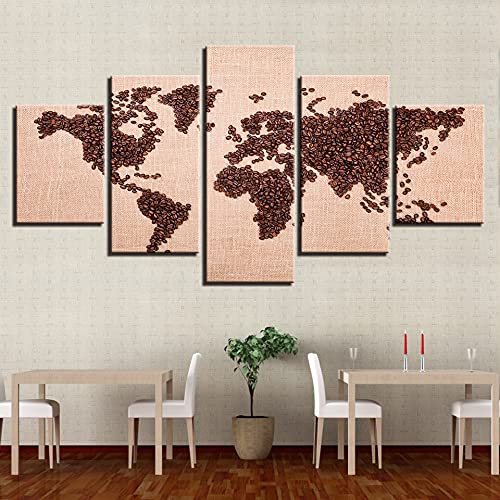Cuadro artístico en lienzo HD para sala de estar, decoración de la pared del hogar, póster impreso, imágenes, 5 imágenes de mapa del mundo de granos de café A76 S